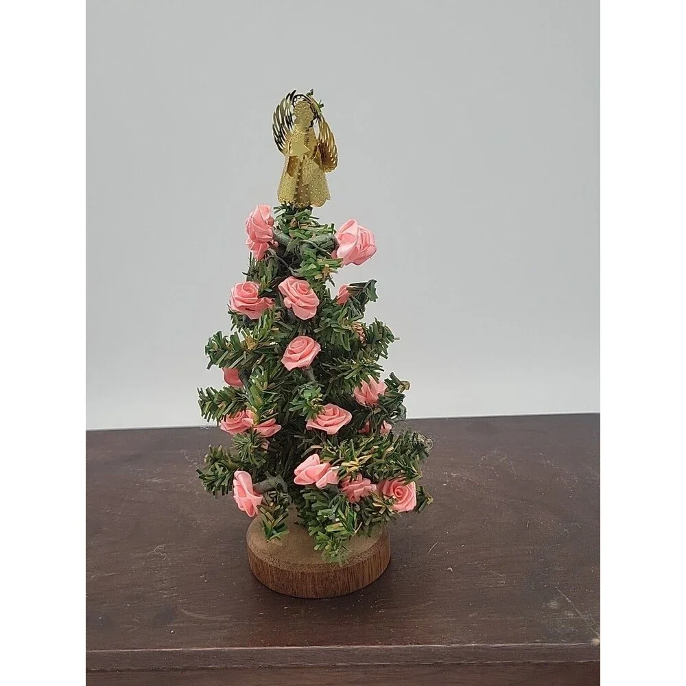 Vtg Pink Satin Rose Mini Christmas Tree With Gold Angel Topper Tiny House Small